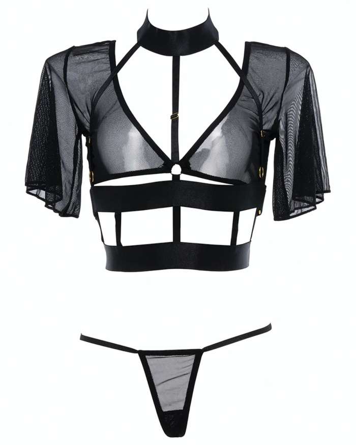 Allure Adore Dreamer Sheer Mesh Strappy Short-Sleeve Top & Thong Set