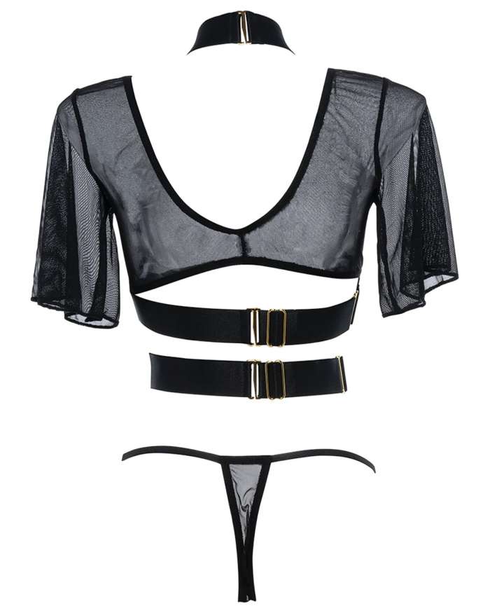 Allure Adore Dreamer Sheer Mesh Strappy Short-Sleeve Top & Thong Set