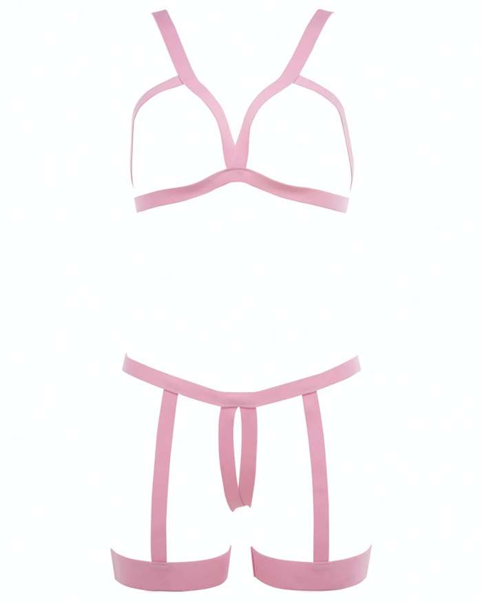 Allure Kitten Teaser Strappy Open Cup Bra & Open Panties with Leg Straps