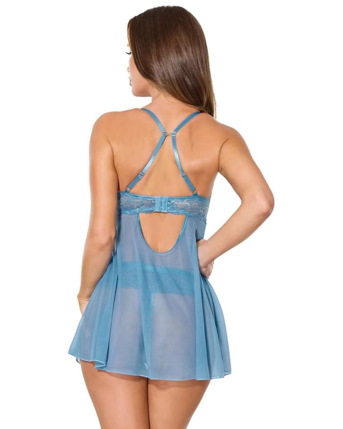 Coquette Between Dreams Sheer Floral Lace Boned Cups Babydoll & Thong