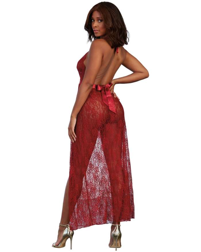 Dreamgirl Plunging Lace Halter Gown & G-String Set