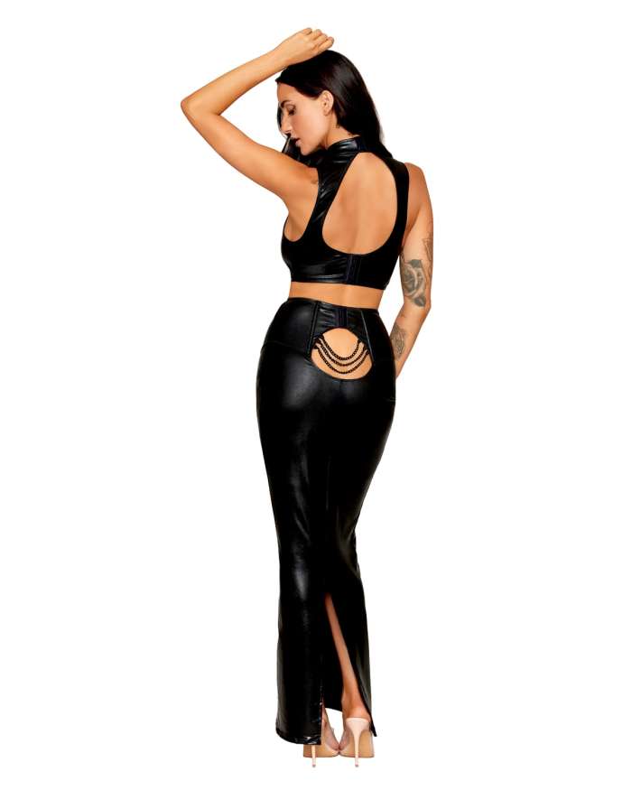 Dreamgirl Stretch Faux Leather Harness Bra & Long Boned Slip Skirt Set