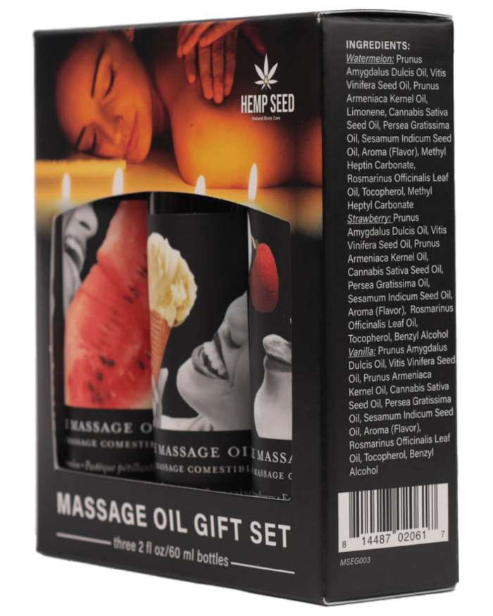 Earthly Body Hemp Seed Edible Watermelon, French Vanilla & Strawberry Massage Oil Gift Set