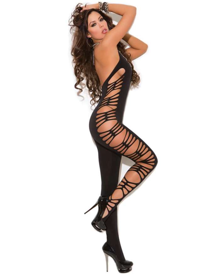 Elegant Moments Vivace Deep V Opaque Open Crotch Bodystocking with Cut Out Side Detail