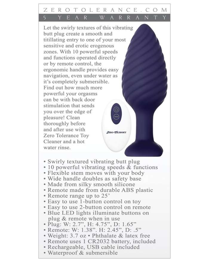 Zero Tolerance Wicked Twister Vibrating Butt Plug with Remote