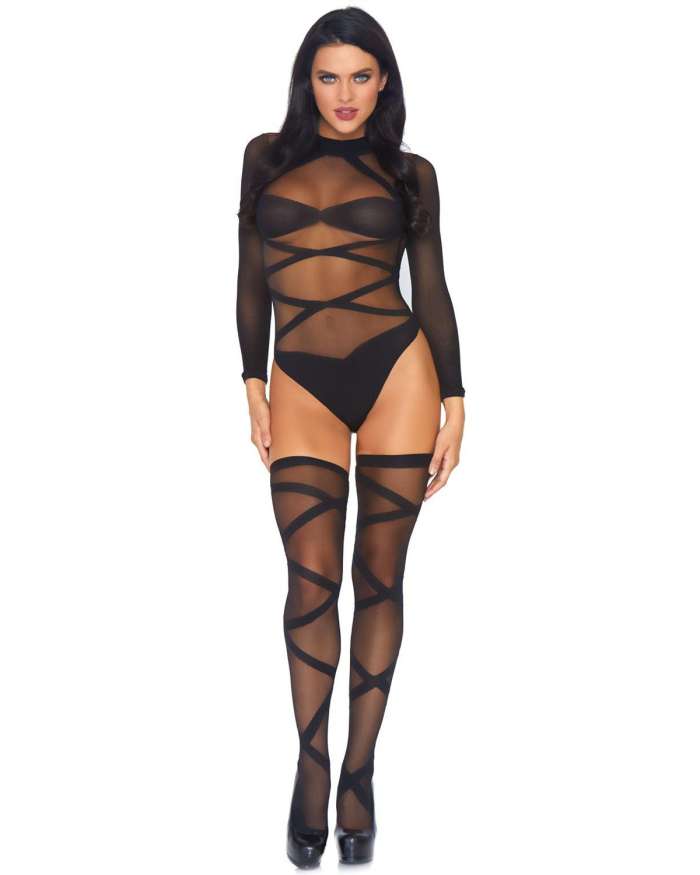 Leg Avenue Long Sleeve Criss Cross Teddy with Thigh Highs
