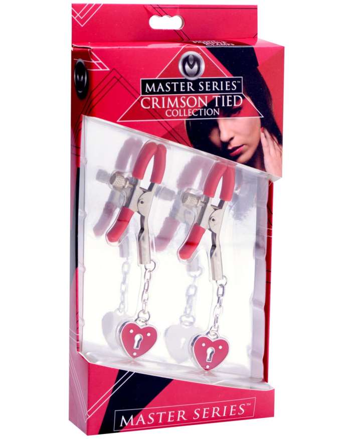 Master Series Crimson Tied Charmed Heart Padlock Nipple Clamps