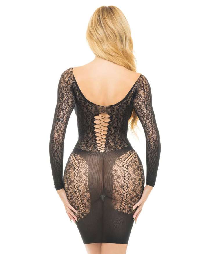 Pink Lipstick Animal Inside Long-Sleeve Lace-Up Detail Chemise