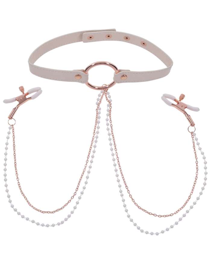 Sex & Mischief Peaches 'N CreaMe Collar with Nipple Clamps