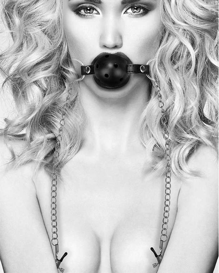 Shots Ouch Black & White Breathable Ball Gag with Nipple Clamps