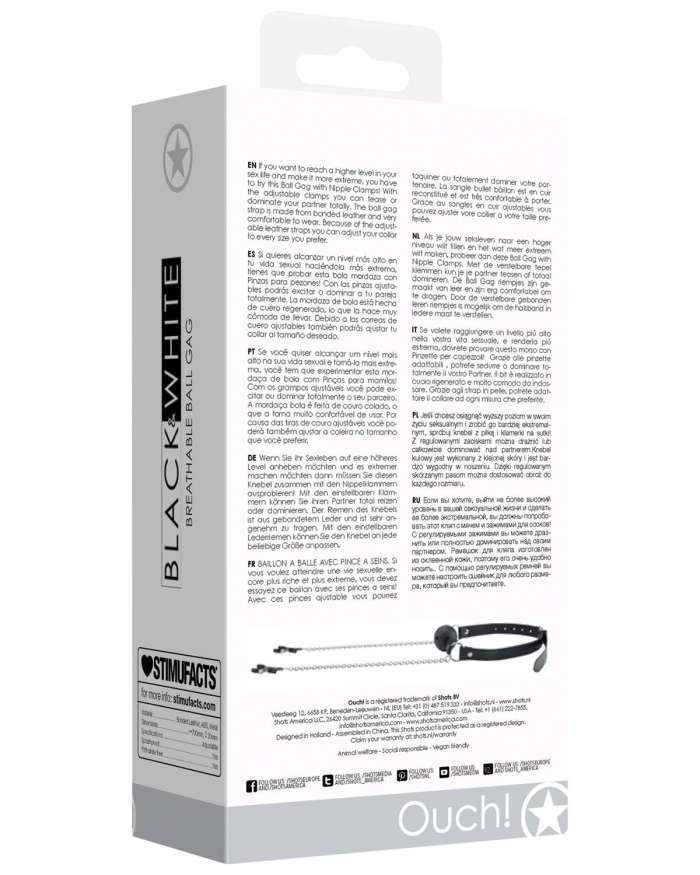 Shots Ouch Black & White Breathable Ball Gag with Nipple Clamps