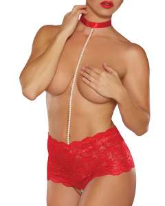 Allure Posh & Spicey Crotchless Panties with Choker & Pearls