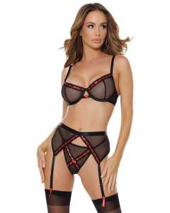Coquette Mon Cherie Ribbon Trim Bra, Garter Belt & G-String Set