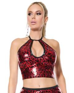 Coquette Leopard Electrix Wet-Look Open-Back Halter Top
