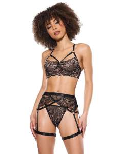 Coquette Ember Glow Metallic Lace Bra, Garter Belt & Thong Set