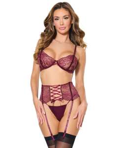 Coquette Kiss & Tell Floral Lace Bra, Lace-Up Front Garter Belt & G-String Set
