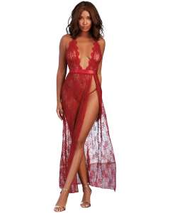 Dreamgirl Plunging Lace Halter Gown & G-String Set