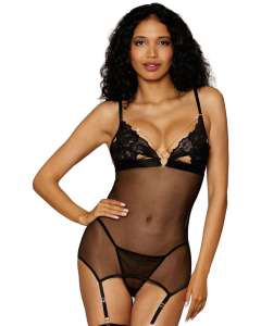 Dreamgirl Lace & Mesh Chain Accent Garter Slip with G-String Set