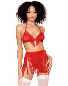 Dreamgirl Chainette Fringe Bralette, G-String & Garter Belt Set