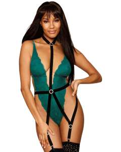 Dreamgirl Stretch Lace Teddy & Rhinestone Garter Harness Set