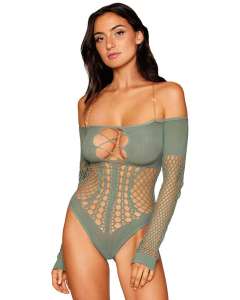Dreamgirl Seamless Long-Sleeve Off-the-Shoulder Teddy with Removable Chain