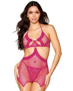 Dreamgirl Fishnet Scalloped Lace Garter Slip & G-String Set