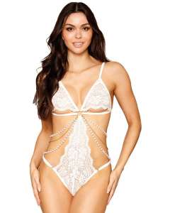 Dreamgirl Stretch Lace Teddy with Draping Pearls & Chains