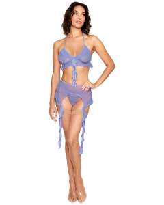Dreamgirl Flounce Mesh Bralette, G-String & Garter Belt Set