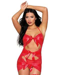 Dreamgirl Three-Bow Scalloped Lace Garter Slip & G-String Set