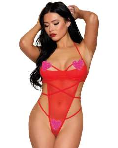 Dreamgirl Heart Applique Strappy Mesh Teddy