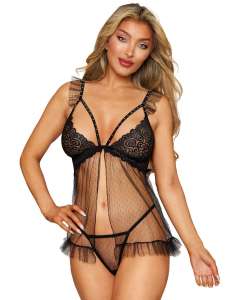 Dreamgirl Sheer Scalloped Lace Open-Front Babydoll & G-String Set