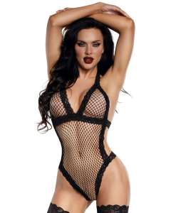 Dreamgirl Diamond Net Scalloped Lace Trim Open Back Teddy