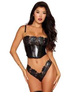 Dreamgirl Embroidered Stretch Faux Leather Bustier & G-String Set