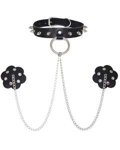 Neva Nude Chain Leather Choker with Reusable Burlesque Nipztix Pasties