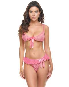 Oh La La Cheri Aubrielle Sheer Ruffled Diamond Mesh Bra & Thong Set