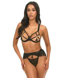 Oh La La Cheri Annika Cage Fringe Open-Cup Tassel Details Bra & Panties Set