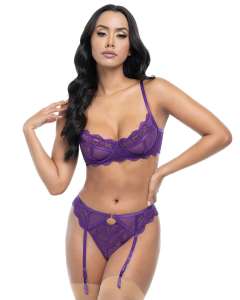 Oh La La Cheri Margo Lace Scalloped Bra, Garter Belt & G-String Set