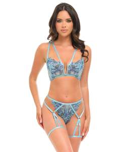 Oh La La Cheri Emilia Strappy Embroidered Bra & Garter G-String Set