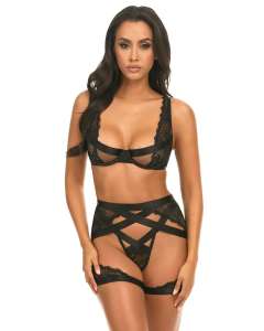 Oh La La Cheri Thalia Lace Strappy Bra, Garter Belt & G-String Set