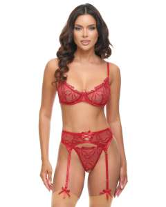 Oh La La Cheri Mariah Sheer Embroidered Bra, Garter Belt & G-String Set
