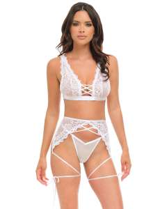 Oh La La Cheri Naya Criss-Cross Strappy Lace Bra, Garter Belt & G-String Set