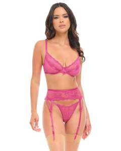 Oh La La Cheri Julia Sheer Floral Lace Bra, Garter Belt & G-String Set