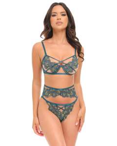 Oh La La Cheri Daphne Strappy Embroidered Floral Bra, Belt & Panties Set