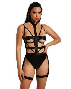 Oh La La Cheri Fetish Lethal Peek-A-Boo Harness Open-Back Leg Straps Teddy
