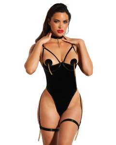 Oh La La Cheri Open Cup Sheer Back Open Gusset Garter Teddy with Nipple Covers