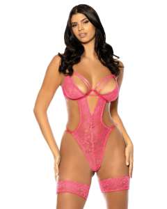 Oh La La Cheri Genesis Floral Sheer Lace Strappy Teddy & Garter Stays Set