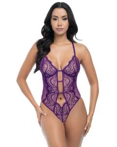 Oh La La Cheri Carmen Sheer Lace Mesh Plunging Crotchless Teddy