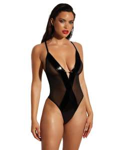 Oh La La Cheri Fetish Curvy Finesse Vinyl Sheer Plunging Teddy
