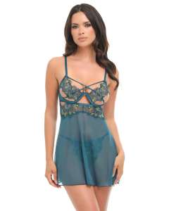 Oh La La Cheri Daphne Sheer Strappy Embroidered Babydoll Set