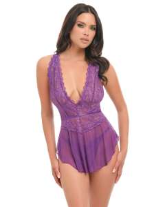 Oh La La Cheri Harmony Sheer Lace Deep-V Higher-Sides Scalloped Babydoll